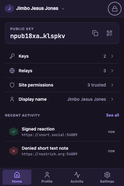 Ostrilo's populated home in the Deep Ink theme, with identity controls and signing activity